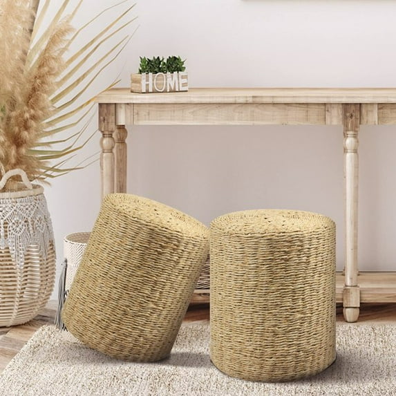 Decor Round Pouf Ottoman Double-Strand Beige Paper Rope Pouf Footrest, Foot Stool, for Bed Room Living | Room | Accent Seat