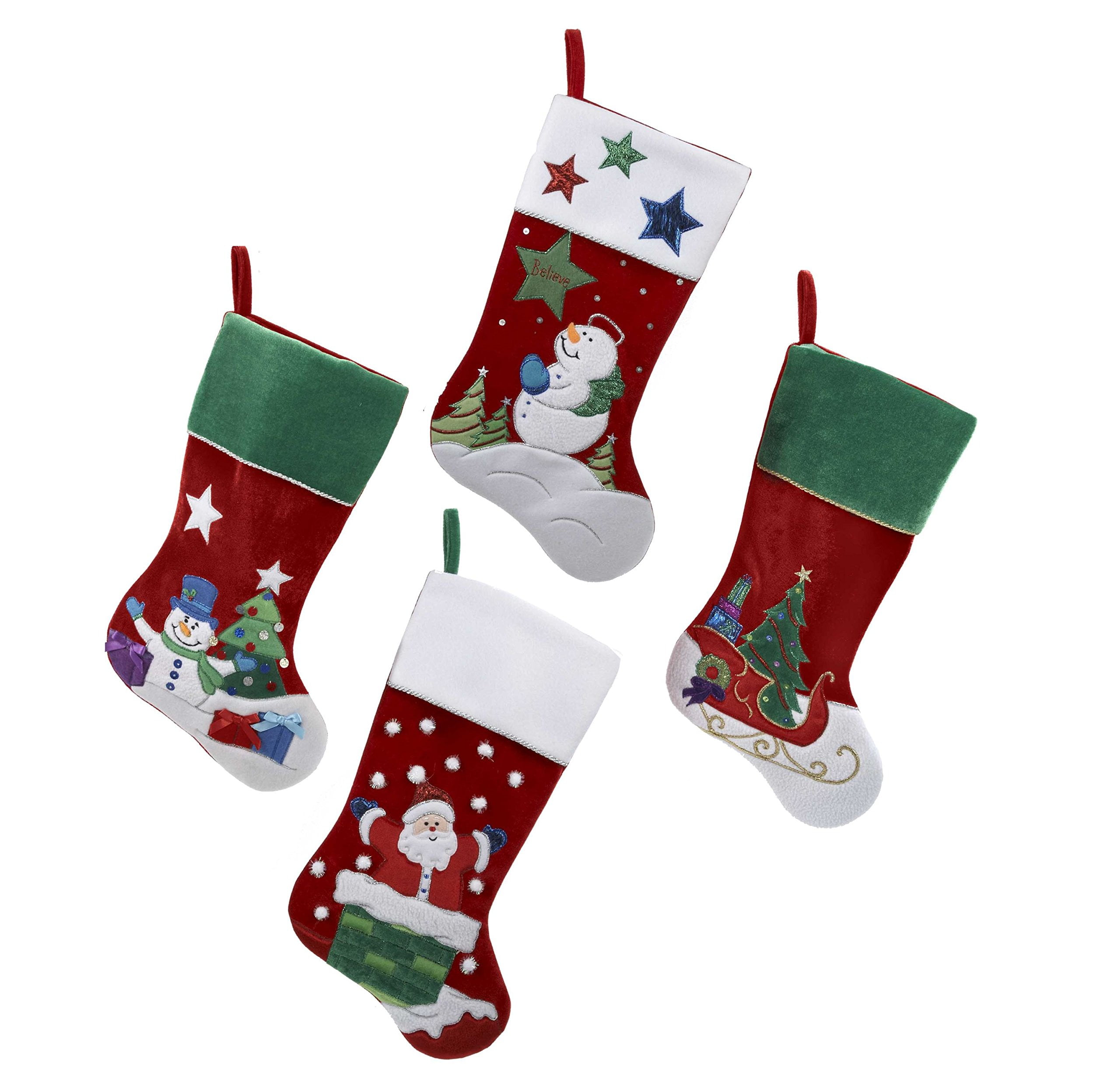 20-Inch Red and Green Velvet Christmas Stockings with Santa and Snowman
