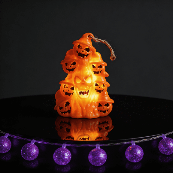 The Decor Spot Halloween Light Up Orange Pumpkin Stack, 4-Tier Stacked Jack O Lantern Figurine with Hanging Rope, Glowing Holiday Tabletop Centerpiece