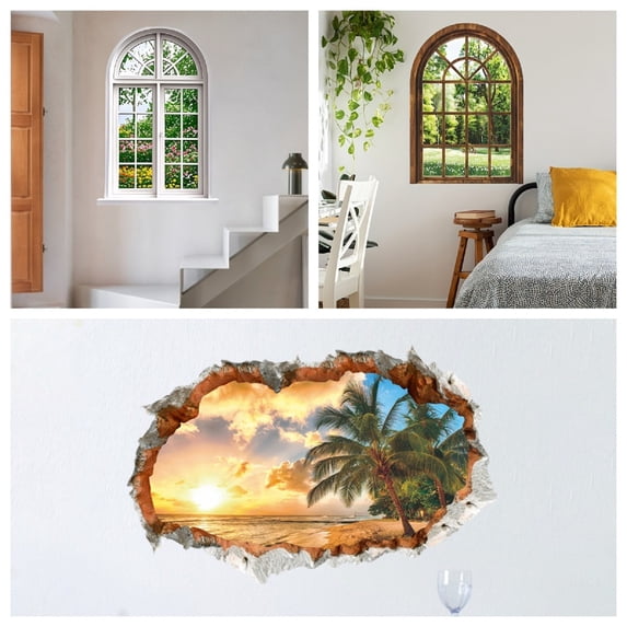 Decor Sticker Imitation 3D Stereoscopic Perforated Wall Art Ocean Beach Theme Removable For Home Decoration