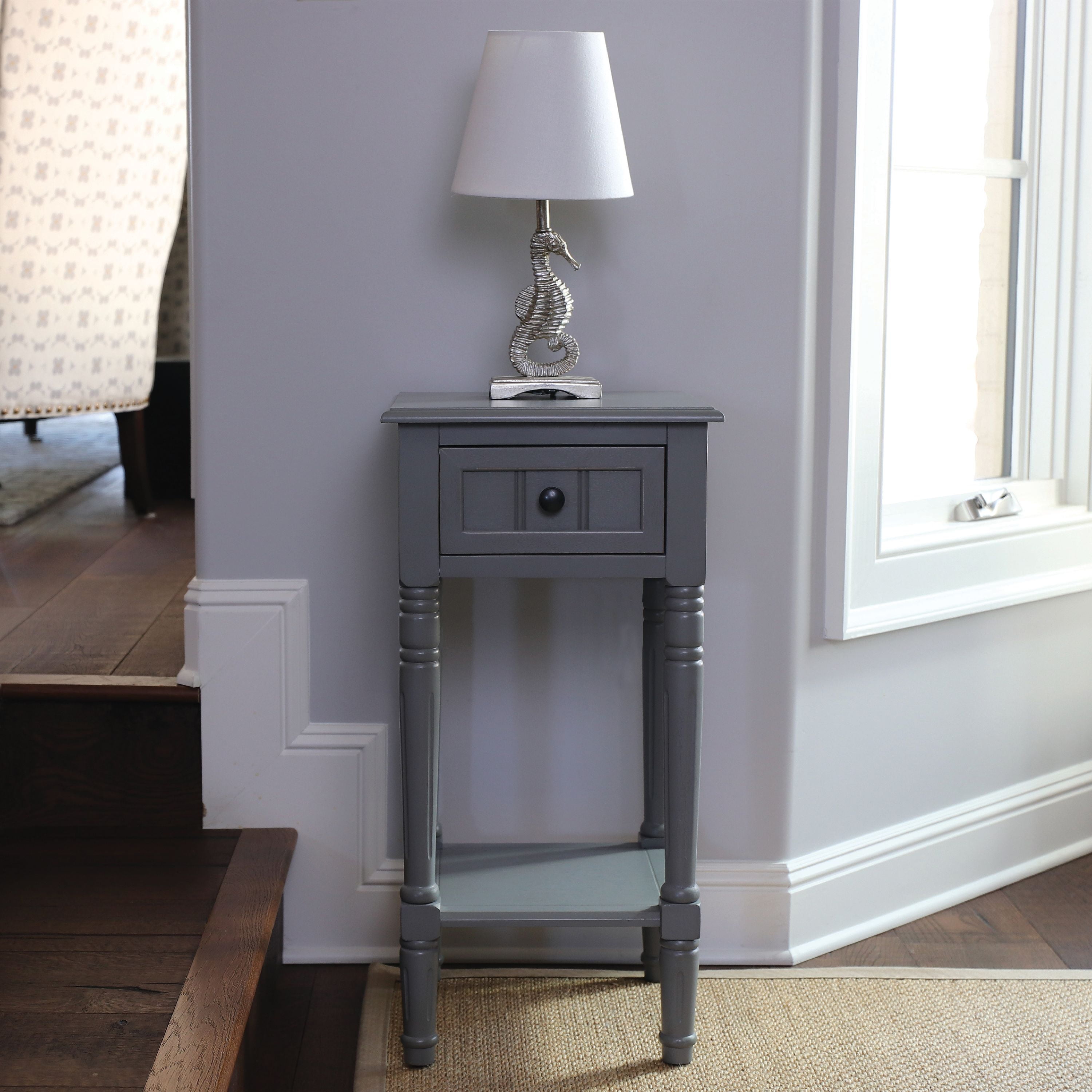 Gray Wood Rectangular Accent Table with Drawer and Shelf