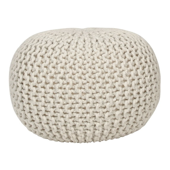 Decor Therapy Round Pouf Ottoman, Cotton Foot Stool, Cable Knit Lurex Boho Poof, Off-White for Living Room, Bedroom, Home Office Decor