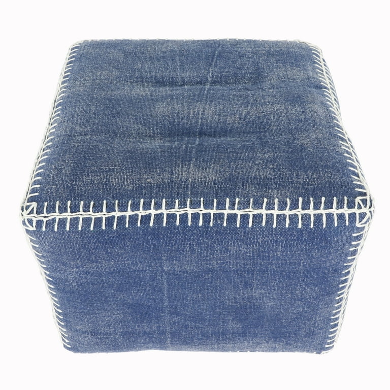 Blue Denim And Ivory Square Pouf With Cotton Stitched Blue Denim And Ivory Square Pouf With Cotton Stitched
