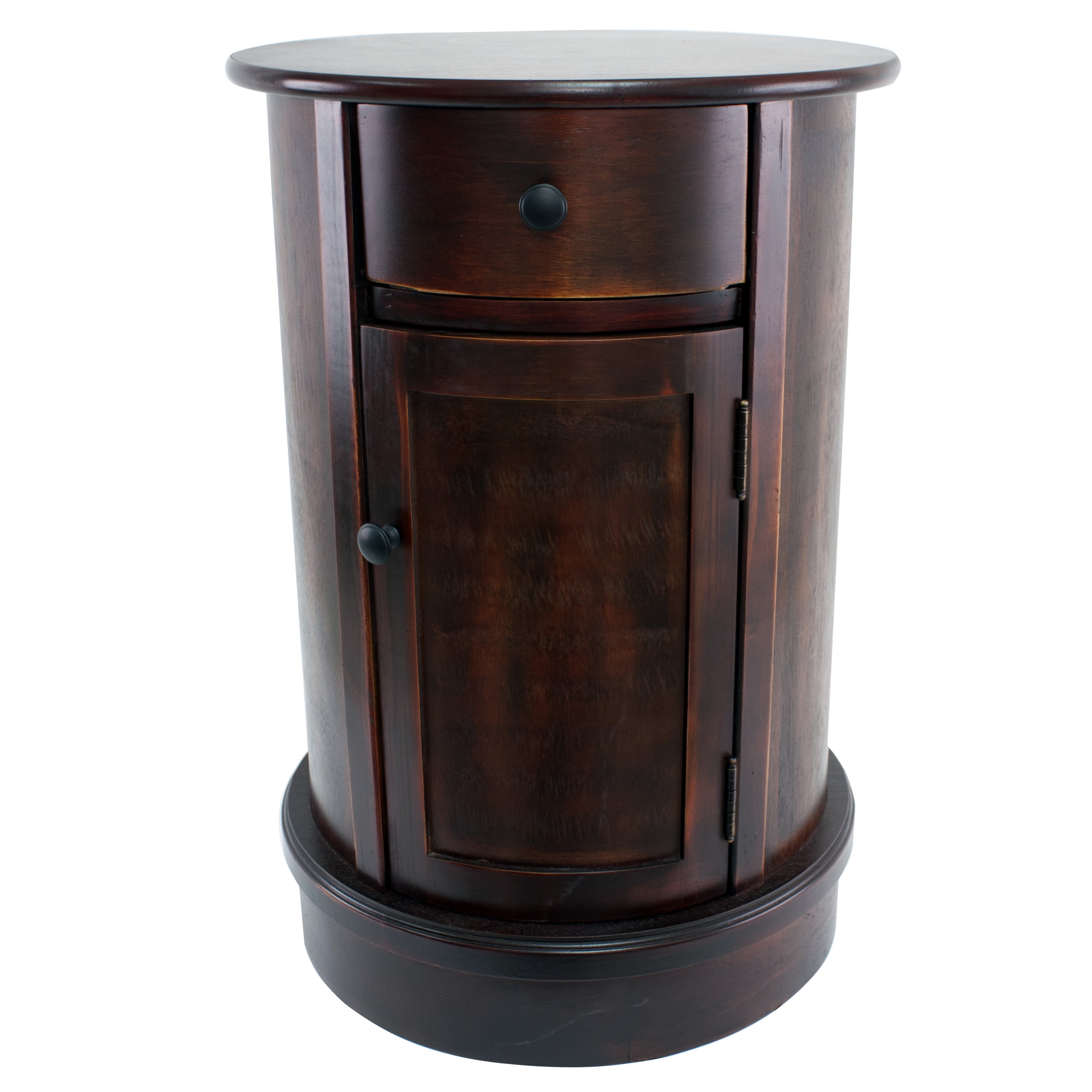 Vintage Cherry Round Wood Side Table with Storage