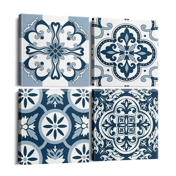 Decor Wall Art,Blue Flower Abstract Modern Mexican Wall Pictures,Art Work with Wood Frame,Funny Artwork for Room Decor Wall Decor House Decor 4 Pack(12x12inch)