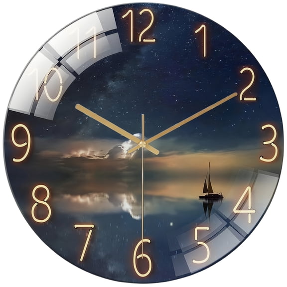 Decor Wall Clock:Seascape Reflection Stlye Round Glass Wall Clock, Silent Non-Ticking Battery Operated Clock , Home Decor for Living Room, Kitchen, Bedroom And Office., 30*30CM