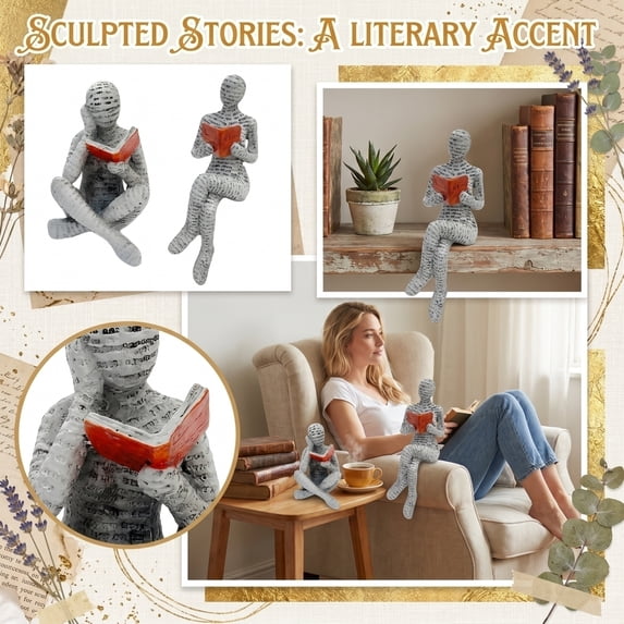 Decor for Living Room, Seated Book Lover Figurine, 2.75X1.97X1.77 In, Embossed Resin Craft, Accent Table Display, 1 Pc