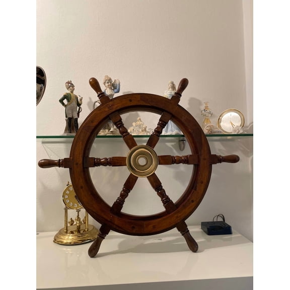 Ship Steering Wheel Decoration, Maritime Nautical, Brass and Wood, 46 cm Diameter