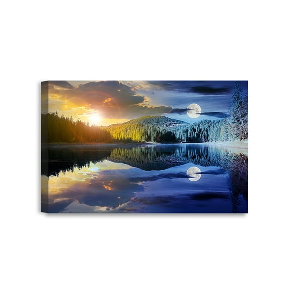 DecorArts - Sun and Moon.Sunrise and night lakeview. Giclee Canvas Prints for Wall Decor. 24x16"