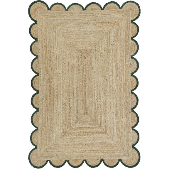 DecorAvenue Braided Jute Area Rug Farmhouse Scalloped Area Rug, Natural / Green 3' Ft Round