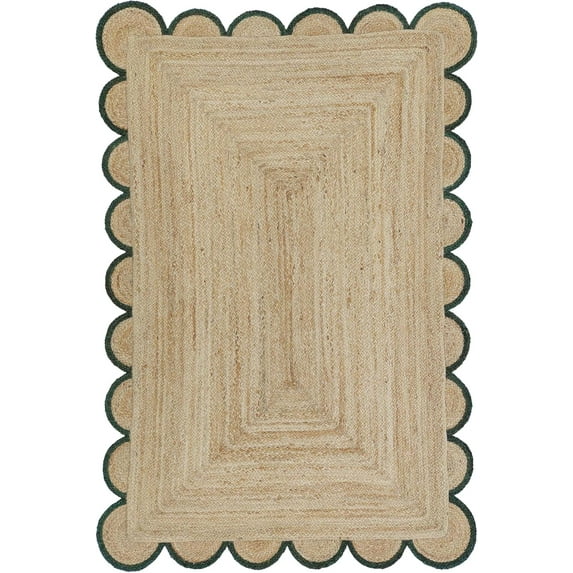 DecorAvenue Braided Jute Area Rug Farmhouse Scalloped Area Rug, Natural / Green 3' x 5' Ft Oval