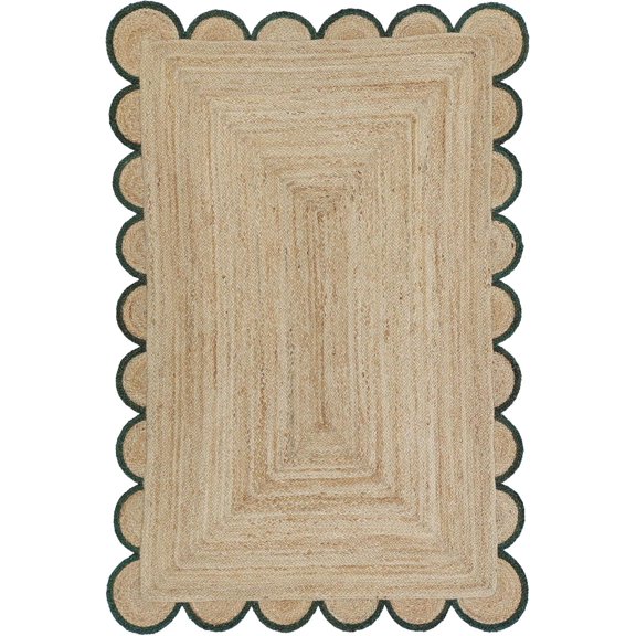 DecorAvenue Braided Jute Area Rug Farmhouse Scalloped Area Rug, Natural / Green 9' x 12' Ft