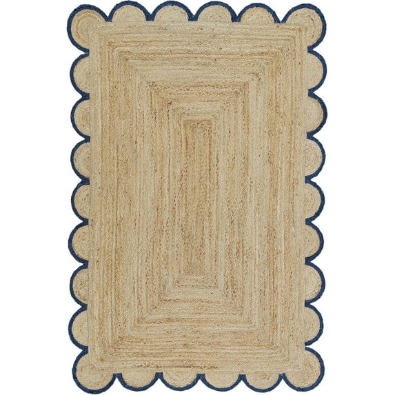 DecorAvenue Braided Jute Area Rug Farmhouse Scalloped Area Rug, Natural / Navy Blue 2'3" x 4' Ft
