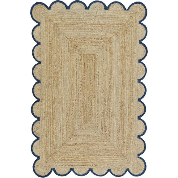 DecorAvenue Braided Jute Area Rug Farmhouse Scalloped Area Rug, Natural / Navy Blue 2' x 3' Ft