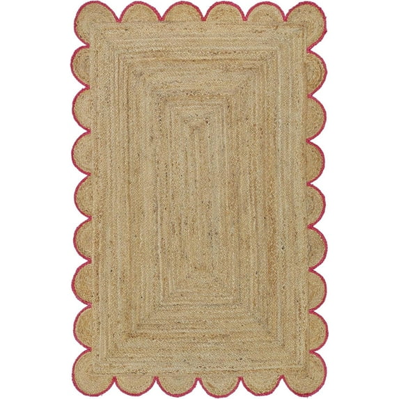 DecorAvenue Braided Jute Area Rug Farmhouse Scalloped Area Rug, Natural / Pink 2' Ft Square
