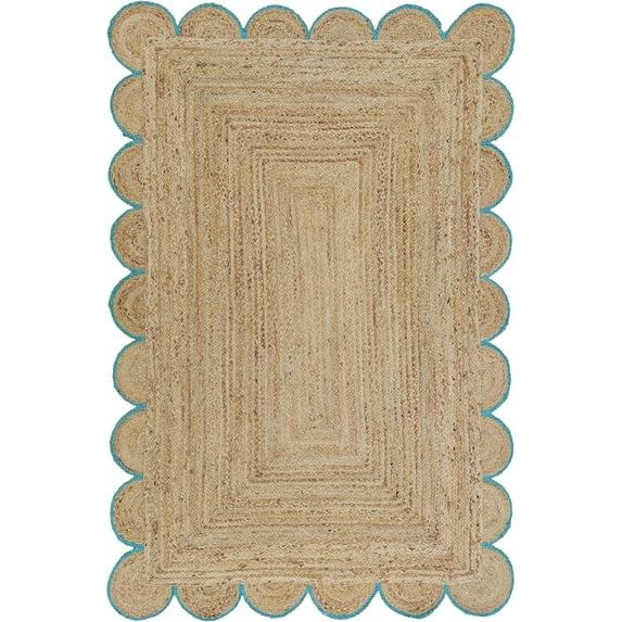 DecorAvenue Braided Jute Area Rug Farmhouse Scalloped Area Rug, Natural / Teal Blue 3' x 5' Ft Oval