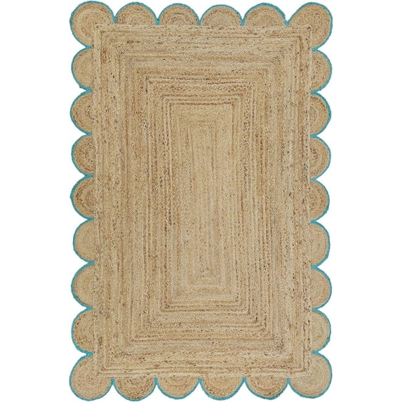 DecorAvenue Braided Jute Area Rug Farmhouse Scalloped Area Rug, Natural / Teal Blue 9' Ft Round