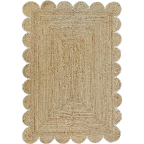 DecorAvenue Braided Jute Area Rug Farmhouse Scalloped Area Rug, Natural / White 10' x 14' Ft