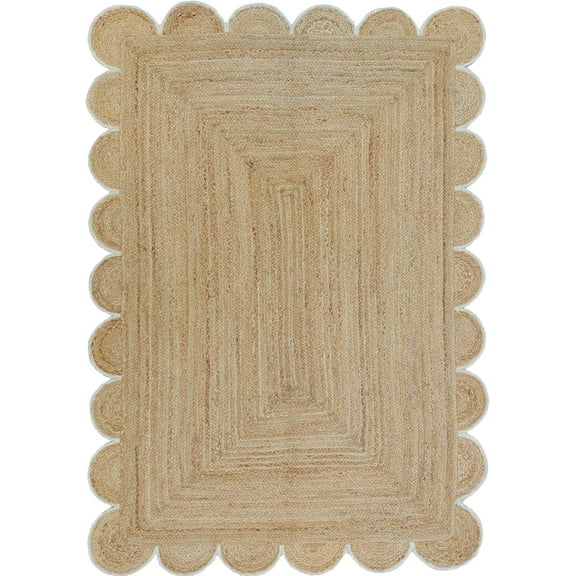 DecorAvenue Braided Jute Area Rug Farmhouse Scalloped Area Rug, Natural / White 7' Ft Round