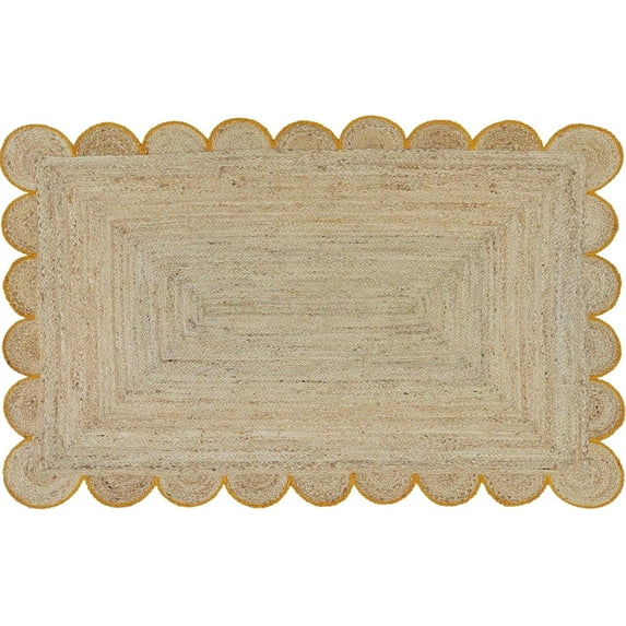 DecorAvenue Braided Jute Area Rug Farmhouse Scalloped Area Rug, Natural / Yellow 10' Ft Round