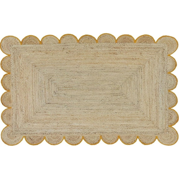 DecorAvenue Braided Jute Area Rug Farmhouse Scalloped Area Rug, Natural / Yellow 2'6"x 4' Ft Runner