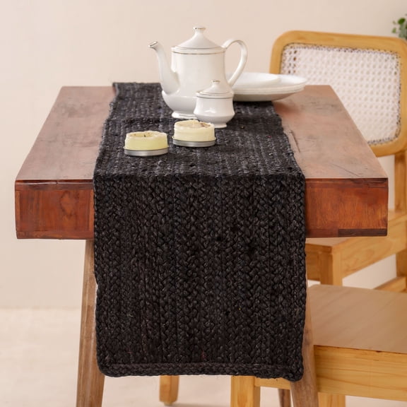 DecorAvenue Hand-Braided and Textured Natural Jute Table Runner Accent for Dining Room Kitchen Table Décor Black Color 13x72 inches