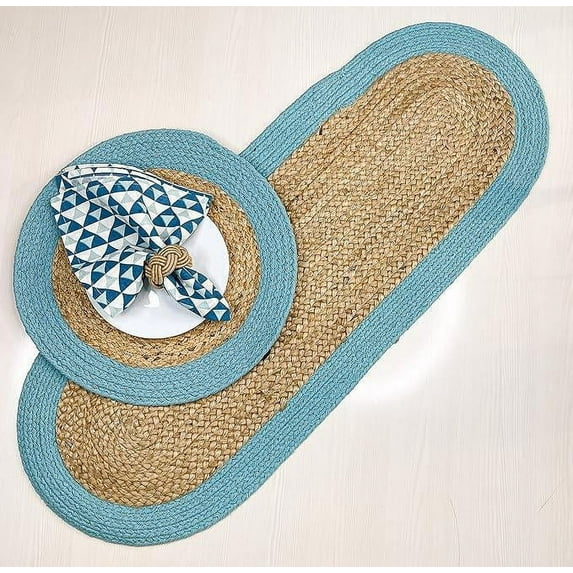 DecorAvenue Hand-Braided and Textured Natural Jute Table Runner Accent for Dining Room Kitchen Table Decor Aqua Blue Boundry Oval 13x108 inches