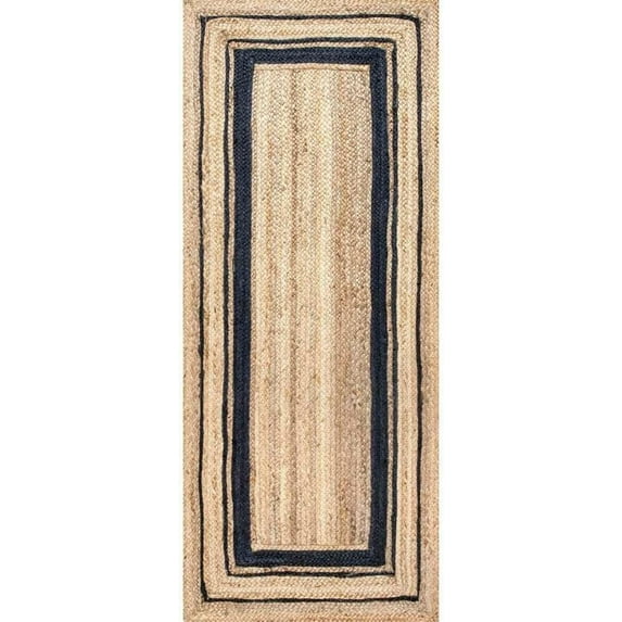 DecorAvenue Bohemian Hand Woven Braided Area Rug, Beige and Navy Blue, 2'6" x 10'