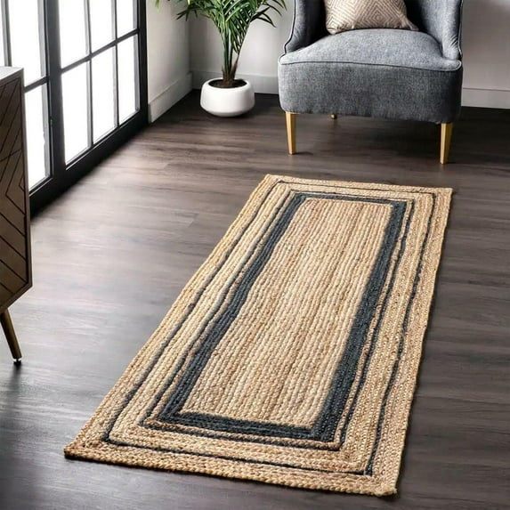 DecorAvenue Hand Woven Braided Farmhouse Jute Area Rug Beige Color Navy Blue Border 2'6" ft x 16 ft