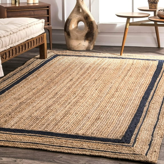 DecorAvenue Hand Woven Braided Farmhouse Jute Area Rug Beige Color Navy Blue Border 6 ft x 9 ft