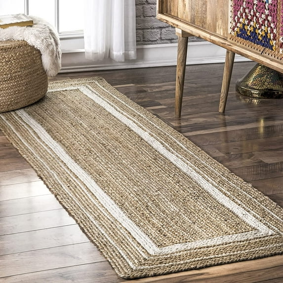 DecorAvenue Hand Woven Braided Farmhouse Jute Area Rug Beige Color White Border 2'6" ft x 8 ft