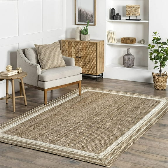 DecorAvenue Hand Woven Braided Farmhouse Jute Area Rug Beige Color White Border 2 ft Square