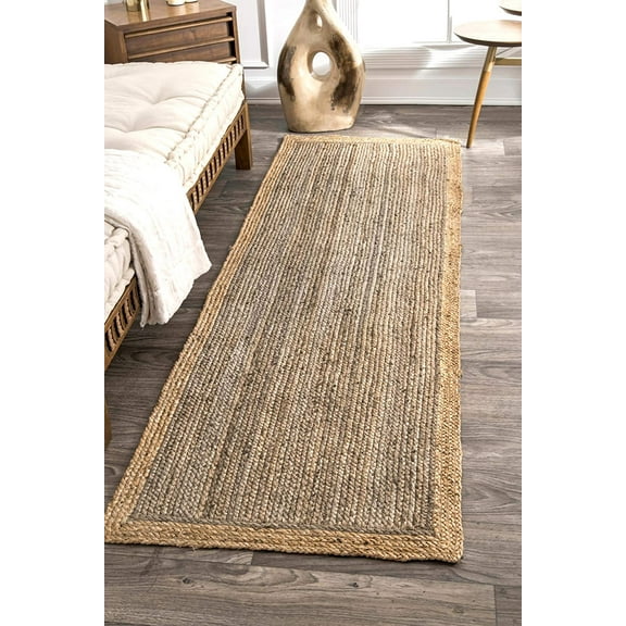 DecorAvenue Hand Woven Braided Farmhouse Jute Area Rug Beige Grey Color 2'6" ft x 14 ft