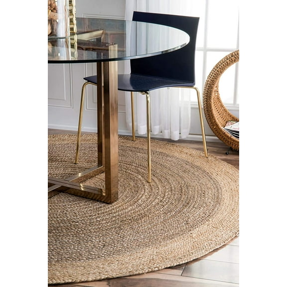 DecorAvenue Hand Woven Braided Farmhouse Jute Area Rug Beige Grey Color 3 ft Round