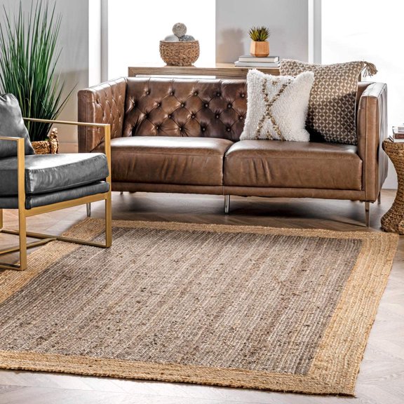 DecorAvenue Hand Woven Braided Farmhouse Jute Area Rug Beige Grey Color 6 ft Square