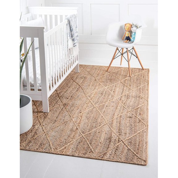 DecorAvenue Hand Woven Braided Farmhouse Jute Area Rug Natural Beige Color 8 ft x 11 ft