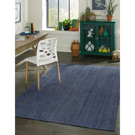 DecorAvenue Hand Woven Braided Farmhouse Jute Area Rug Navy Blue Color 2 ft Square