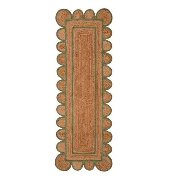 DecorAvenue Hand Woven Braided Farmhouse Jute Scalloped Area Rug Green Border Color 2'6" ft x 12 ft