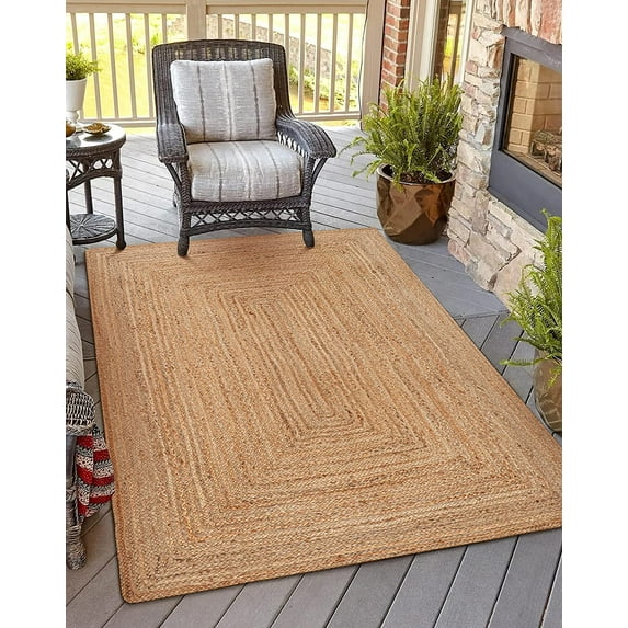 DecorAvenue Hand Woven Braided Farmhouse Vintage Jute Area Rug Beige Natural Color 5 ft x 8 ft