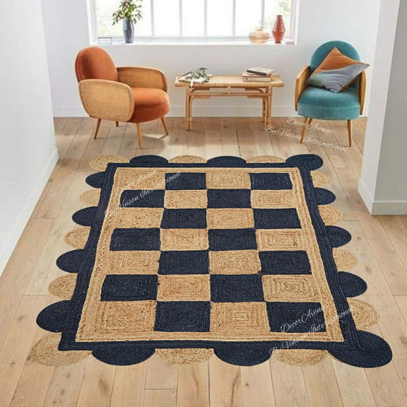 DecorAvenue Handmade Bohemian Natural Fiber Farmhouse Scalloped Weaving Jute Area Rugs For Kitchen Entryway Natural / Navy Blue 3' Ft Square