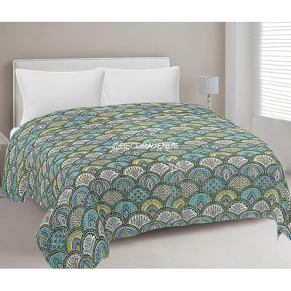 DecorAvenue Indian Handmade Multicolor Cotton Bedspread Throw Bedding Kantha Quilt Cover Blanket Bedsheet Queen Size