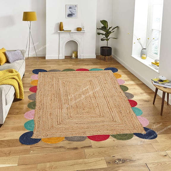DecorAvenue Multi Scalloped Braided Jute Area Rug Farmhouse Indoor Living Area Rug, 3' Ft Round