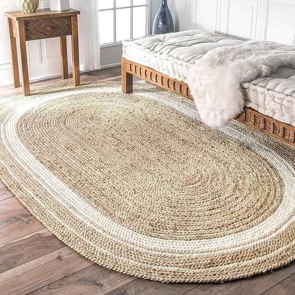 DecorAvenue Natural Hand Braided Farmhouse Jute Area Rug Modern Indoor Living room Carpet Runner Rectangle Round Rug Large Custom Size Rug (Color - Natural / White , 2'3" x 4' Ft Oval)