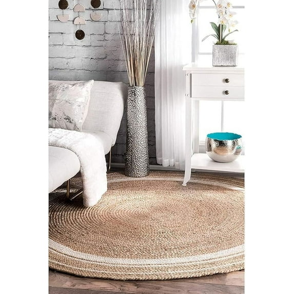 DecorAvenue Natural Hand Braided Farmhouse Jute Area Rug Modern Indoor Living room Carpet Runner Rectangle Round Rug Large Custom Size Rug (Color - Natural / White , 9' Ft Round)