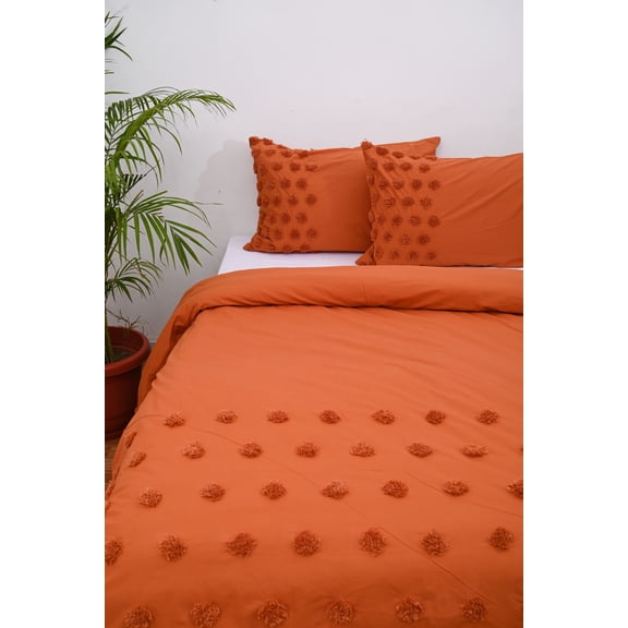 DecorAvenue Teracota Dot Tufted Cotton Duvet Cover Bedding Set with Zip Closure and Corner Ties - Luxurious Comforter Cover Set for Home Décor, Over Size 114" x 118" Inches