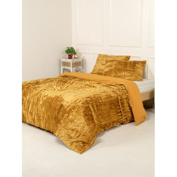 DecorAvenue Ultra-Luxe Crushed Velvet Duvet Cover, Boho Bedding UO Comforter Donna Cover, California King Size 3 Pieces Set 1 Comforter Cover and 2 Pillow Shams Gold Yellow Color