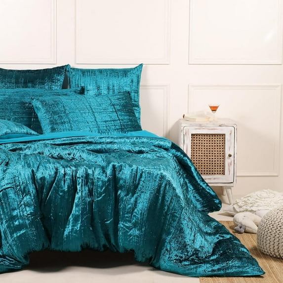 DecorAvenue Ultra-Luxe Crushed Velvet Duvet Cover Set, Boho Bedding Comforter Donna Cover Set, California King Size 3 Pieces Set 1 Comforter Cover and 2 Pillow Shams Teal Blue Color