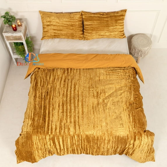 DecorAvenue Ultra-Luxe Crushed Velvet Duvet Cover Set, Boho Bedding Comforter Donna Cover Set, Twin XL Size 3 Pieces Set 1 Comforter Cover and 2 Pillow Shams Yellow Gold Color