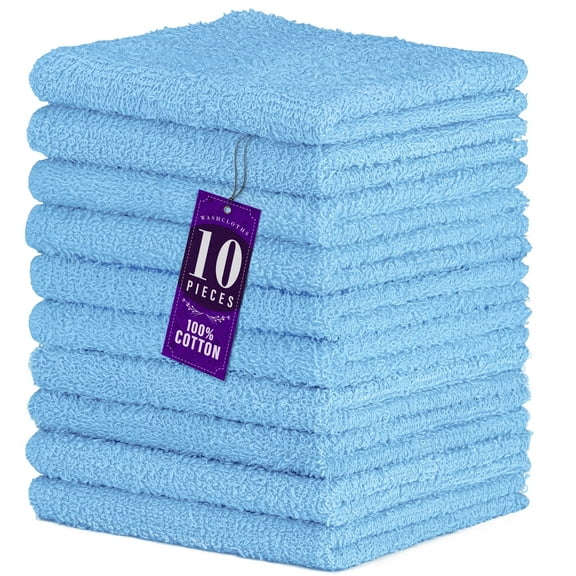 DecorRack 10 Pack 100% Cotton Washcloths, Absorbent 12 x 12" Soft Cotton Hand Towel, Baby Blue(Set of 10)
