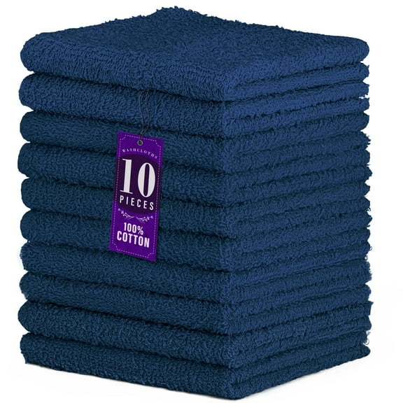 DecorRack 10 Pack 100% Cotton Washcloths, Absorbent 12 x 12" Soft Cotton Hand Towel, Navy (Set of 10)